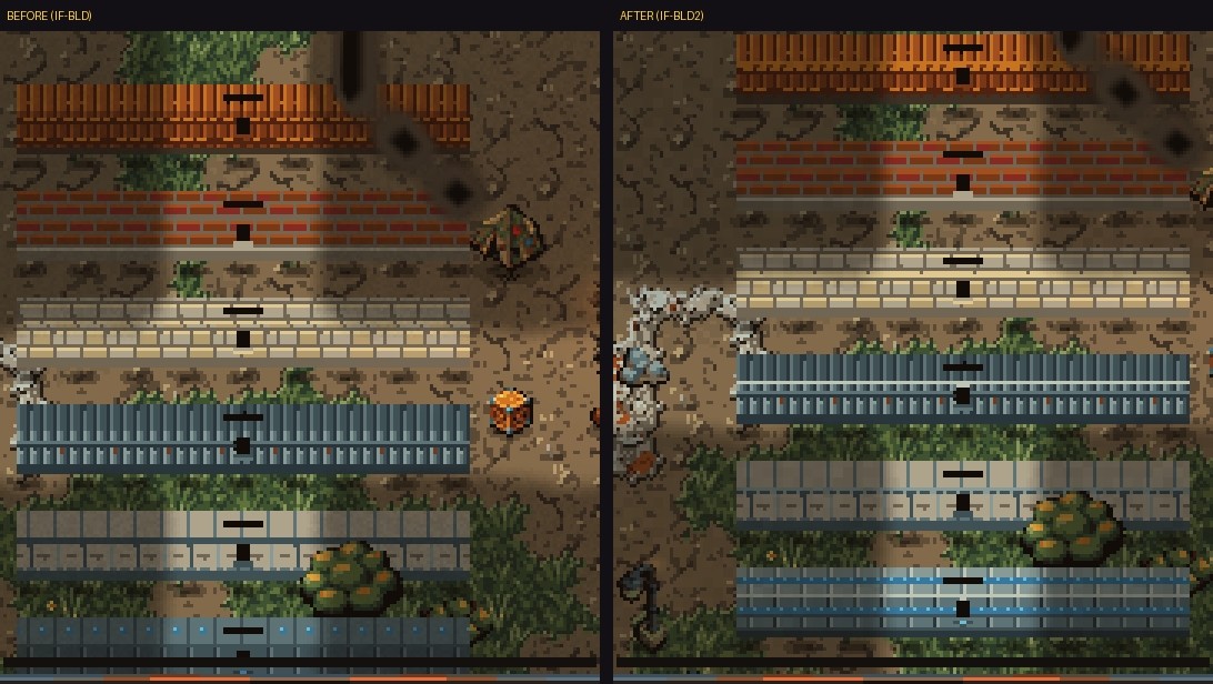 One wall run per material, before and after. Mech-alloy, at the bottom, is lighter and has a brighter blue strip.