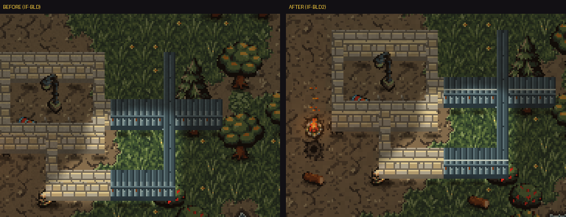 Stone walls meeting metal walls, before and after. The lit top edge now runs straight across the join.