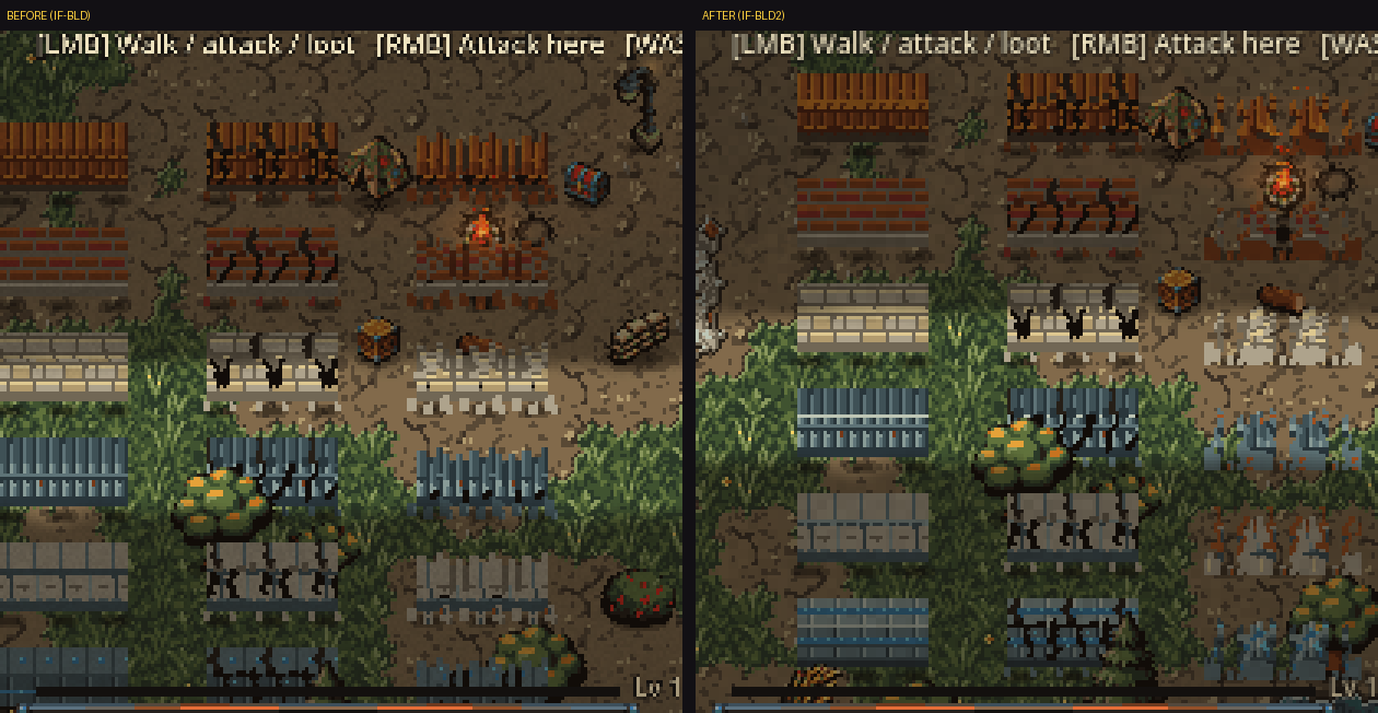 Before (left) and after (right), in the game: each row is one material (wood, brick, stone, metal, reinforced, mech-alloy), shown whole, cracked and broken. Broken walls now have a real hole and rubble.