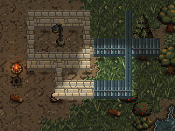 Corners, T-junctions and a cross in stone and metal, joining on the grid.