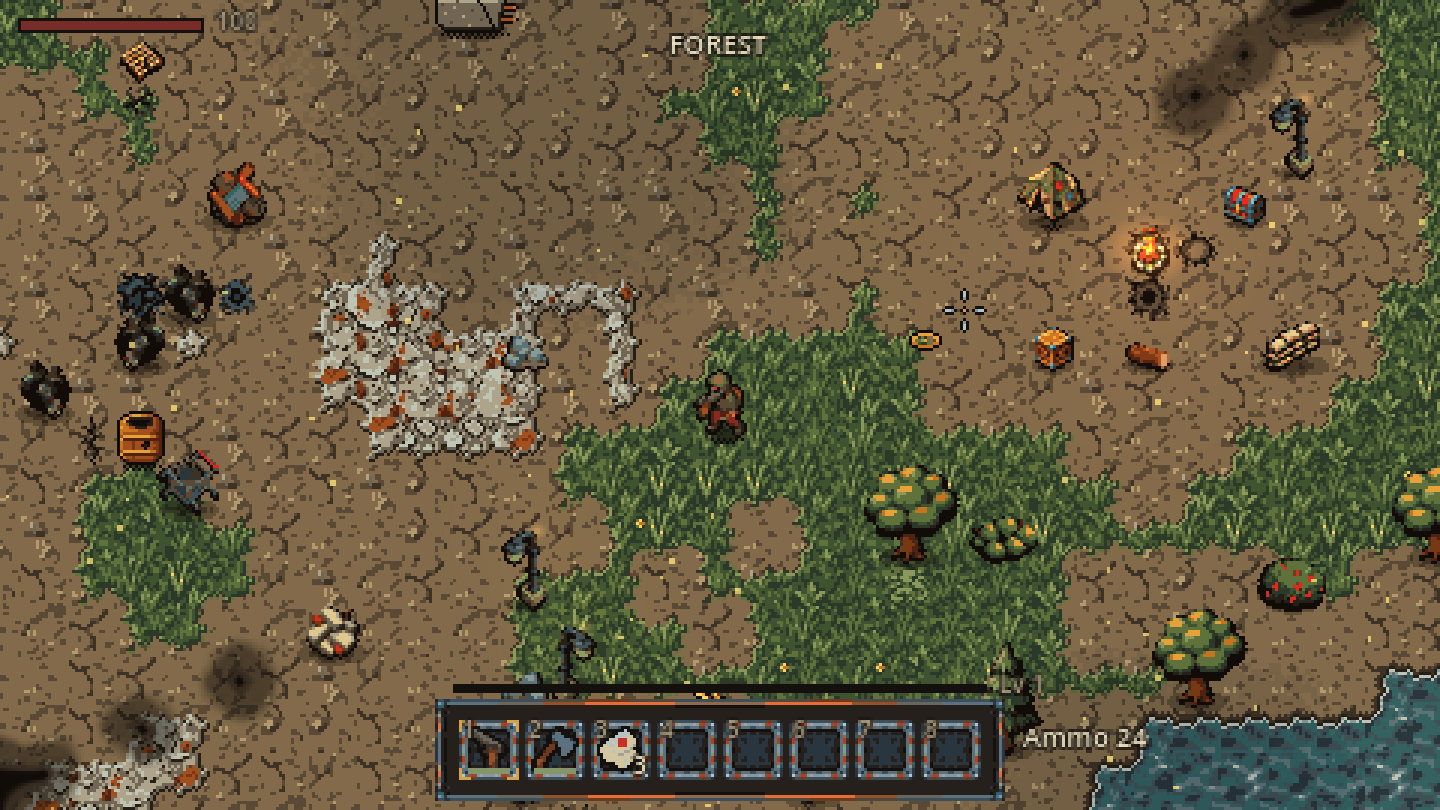 A left click on open ground: the amber ring marks the spot, with the crosshair cursor just past it, while the survivor walks over.