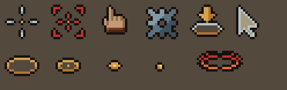 The new cursors (crosshair, attack, use, harvest, walk, menu pointer), the destination ring's four frames and the target ring.