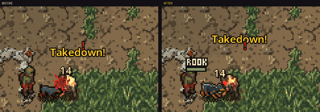 Rook biting a raider, before and after: the raider stays visible under the hit effects.