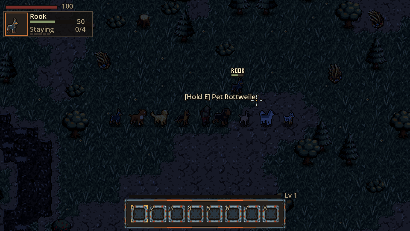 Night: Rook the Doberman, hurt, with his name and health bar showing. The other breeds line up beside the survivor.