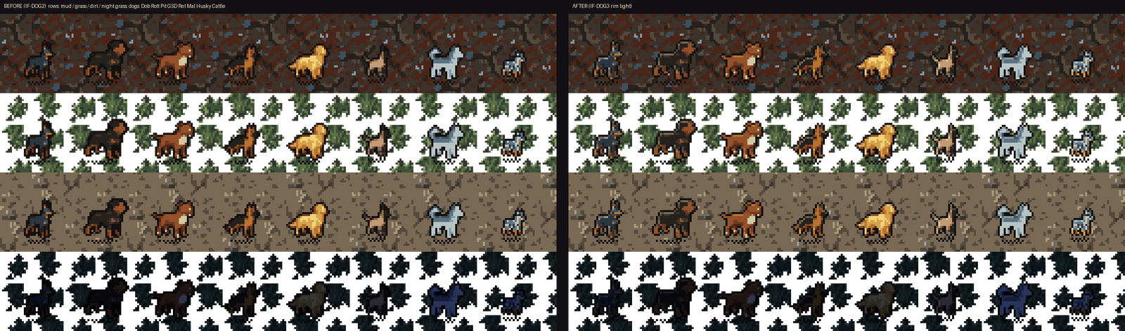 All eight breeds on mud, grass, dirt and grass at night, before (left) and after (right) the lit edge.