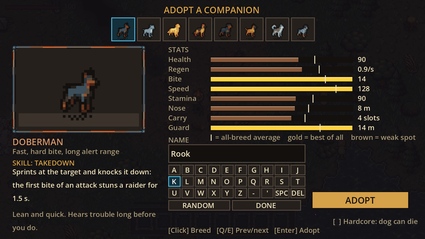 The adoption screen: eight breeds, a live preview, stats compared with the average of all breeds, the breed's skill, and a name entry with an on-screen keyboard for controllers.