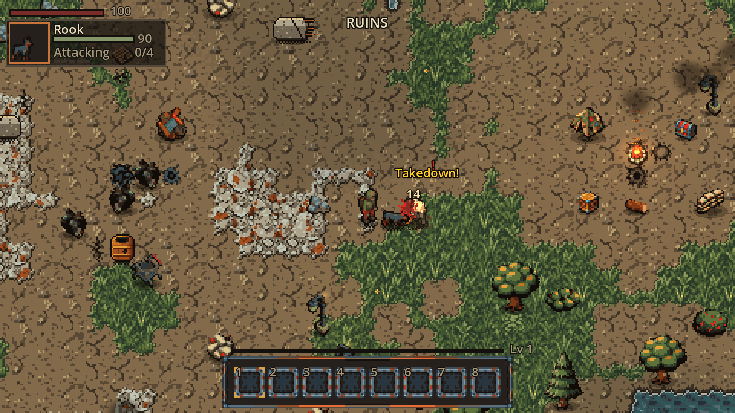 Rook the Doberman lands a Takedown on a raider. The dog's health and what it's doing show next to its portrait in the corner.