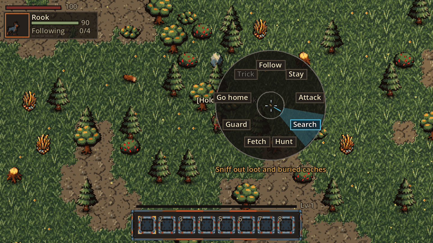 Hold Q (or L1) to open the order ring at the cursor. Here Search is picked: sniff out loot and buried caches.