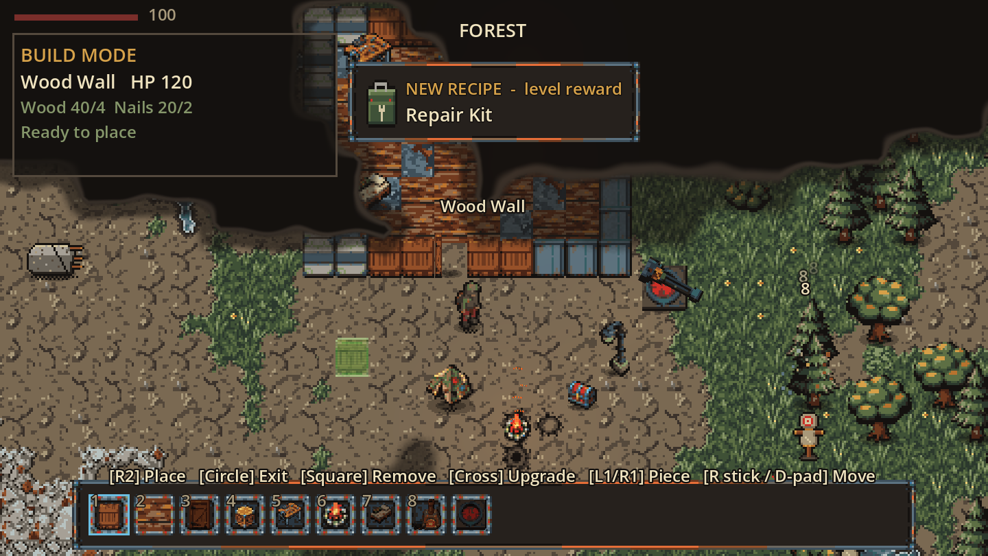 Build mode: the green preview shows a valid spot, with the piece's cost and the controls on screen.