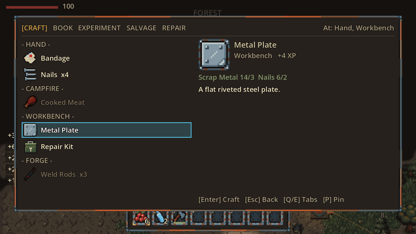 The crafting screen