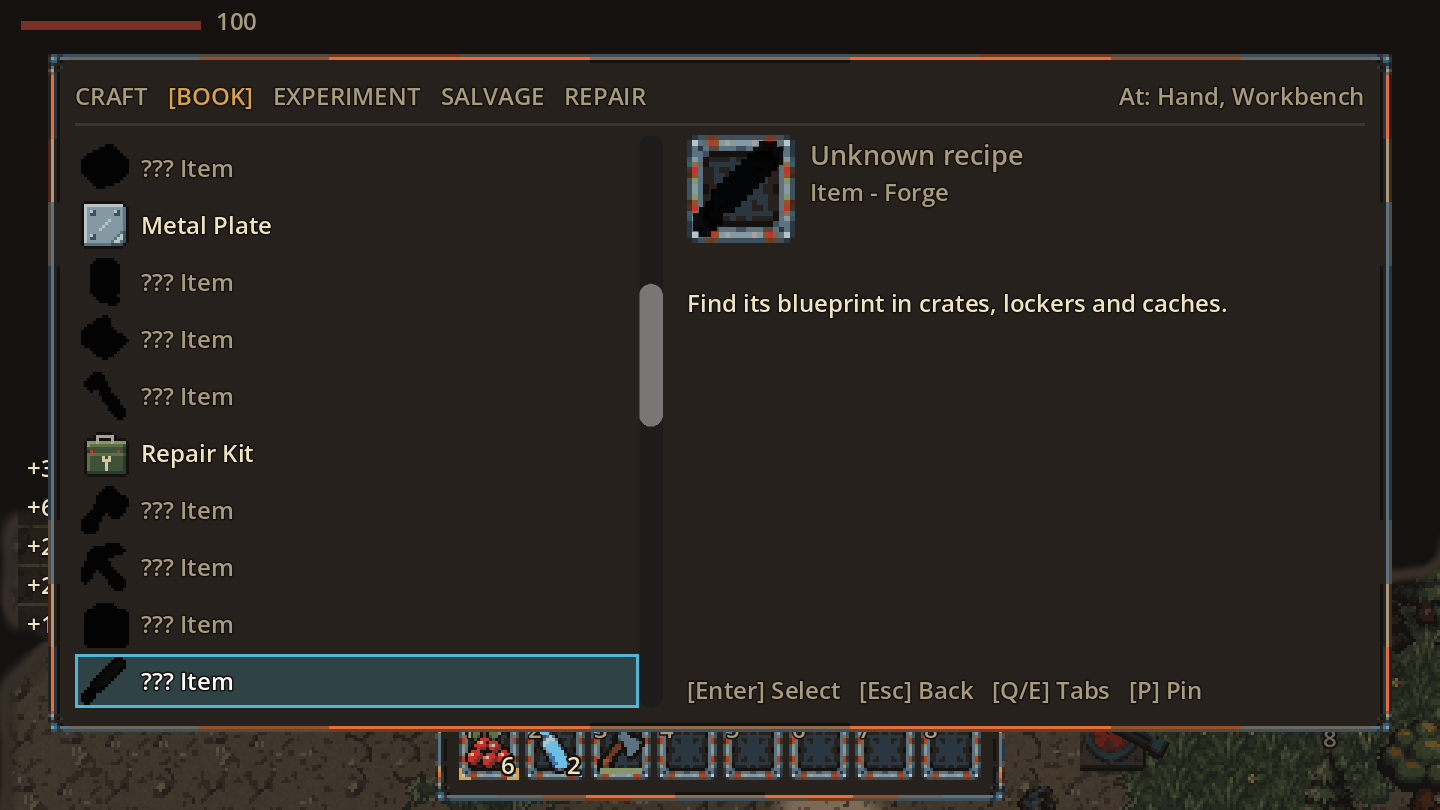 The recipe book. Locked recipes show as silhouettes with a hint on where to find them.
