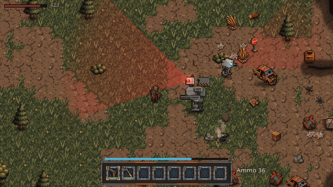 A mech patrol in the ruins. The heavy mech's red scan cone fans out from its visor, and the pale scout stands out near the wrecked car.