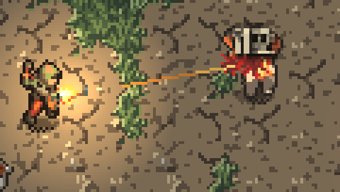 Close-up of a pistol shot: muzzle flash at the gun, a 1-pixel tracer across the grass, and blood and sparks on the raider it hits.