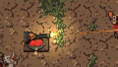 Close-up of a turret firing: an animated muzzle burst with a warm light on the ground, and a pixel tracer heading for the raider.