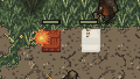 Close-up of two walls under attack: one at the white peak of its hit flash, the other throwing sparks from the blow.