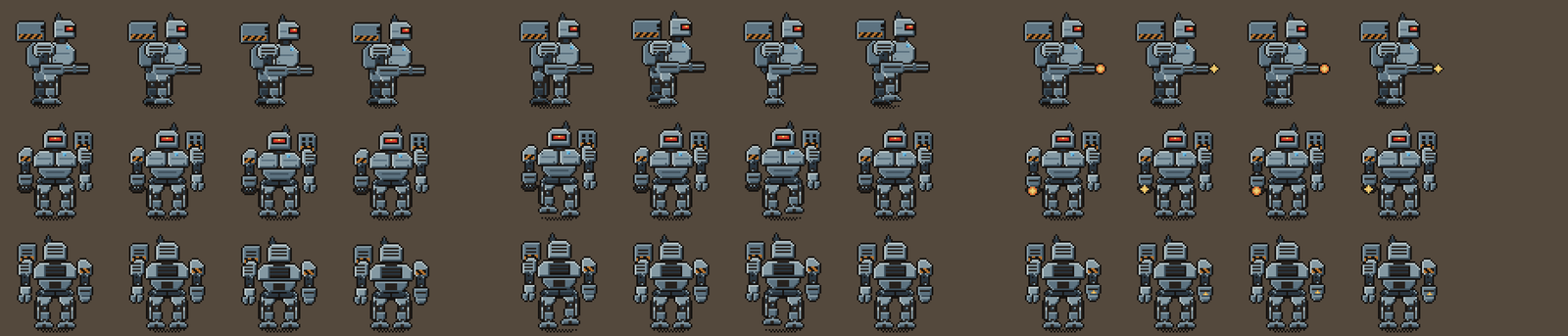 The new heavy mech, zoomed in: side, front and back views (rows), with two movement cycles and a firing cycle (groups of four).