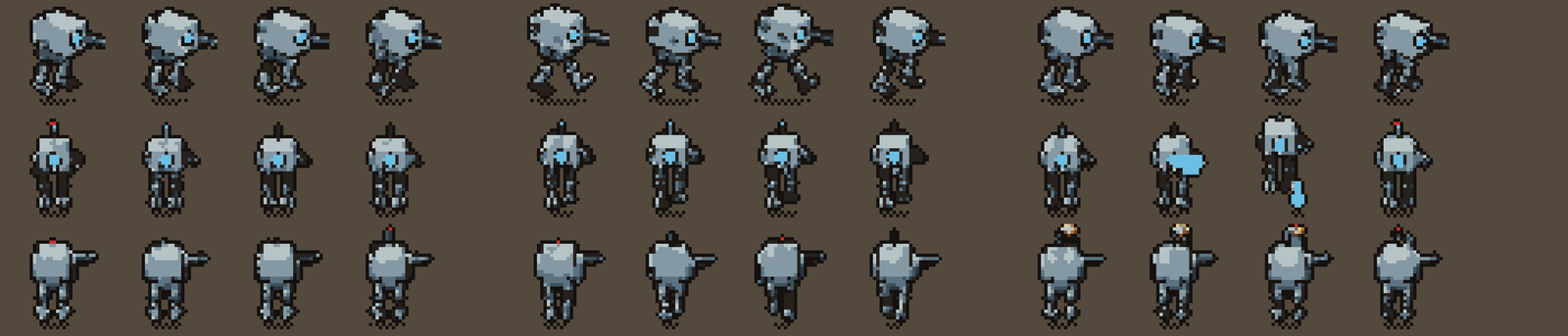 The scout mech after the pass: pale steel body, dark outline and a cyan eye, shown from the side, front and back.