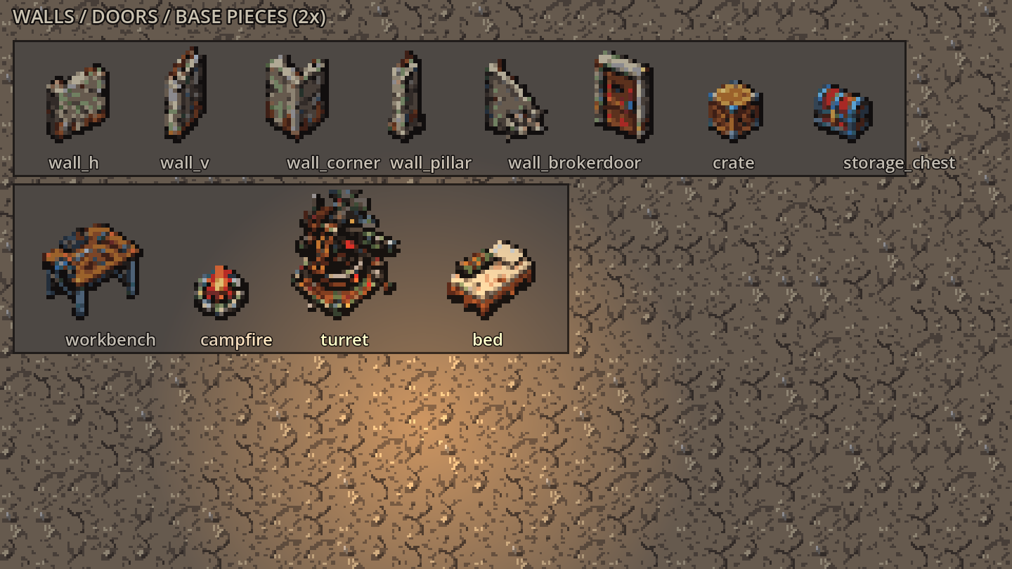 Base building pieces: walls, door, crate, storage chest, workbench, campfire, turret and bed.