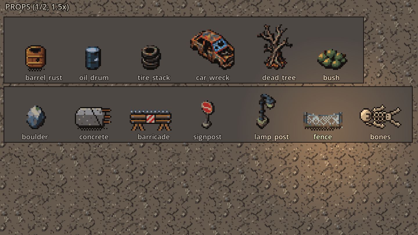 Wasteland props: barrels, wrecks, dead tree, boulder, barricade, signpost, fence and bones.