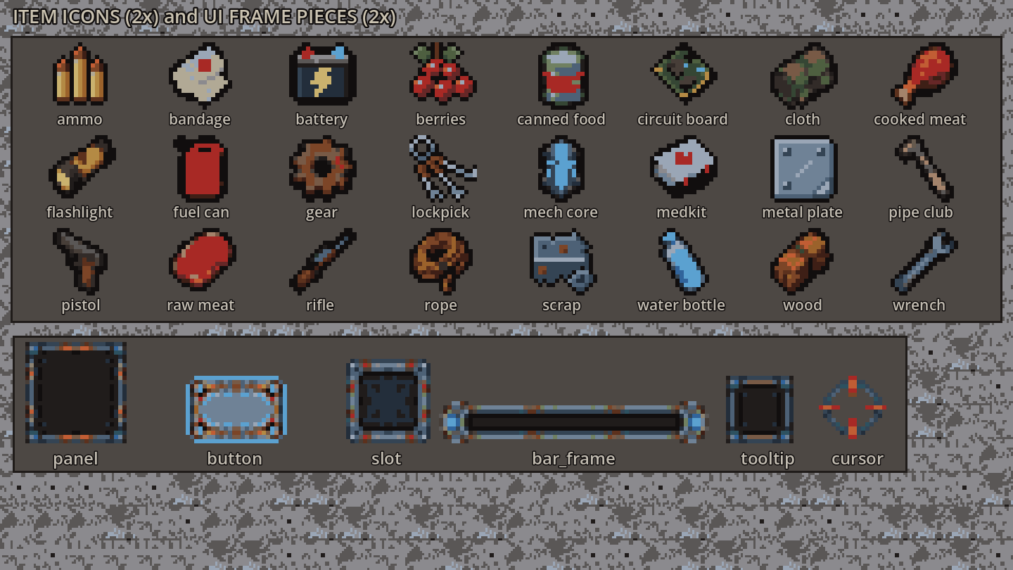 Item icons and UI frame pieces: panel, button, inventory slot, bar, tooltip and cursor.