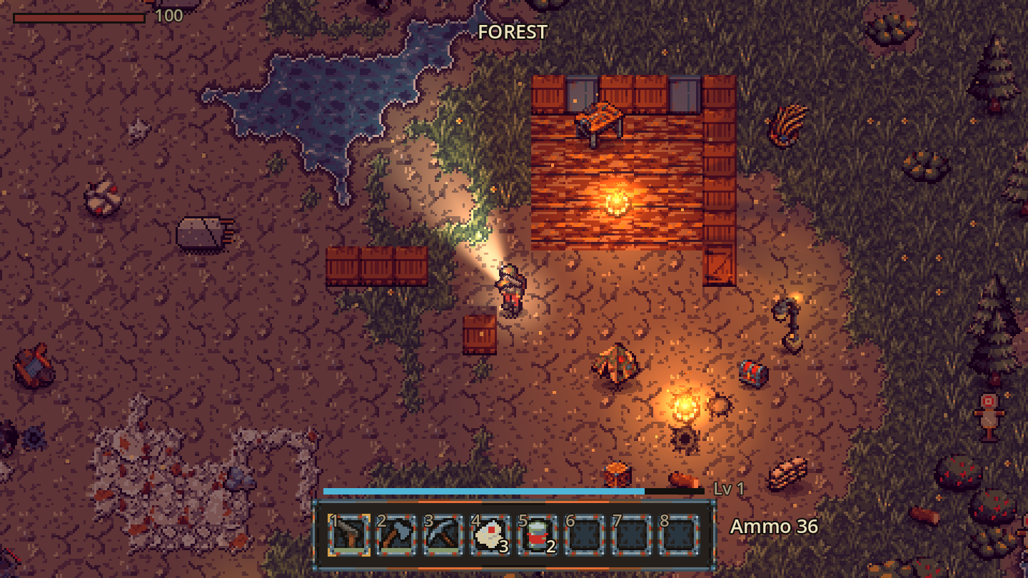 Dusk: a warm grade, the campfire lit, and the flashlight on.