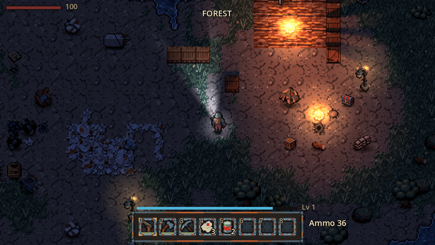 Night: cool blue darkness, warm firelight, and the flashlight cone throwing wall shadows.