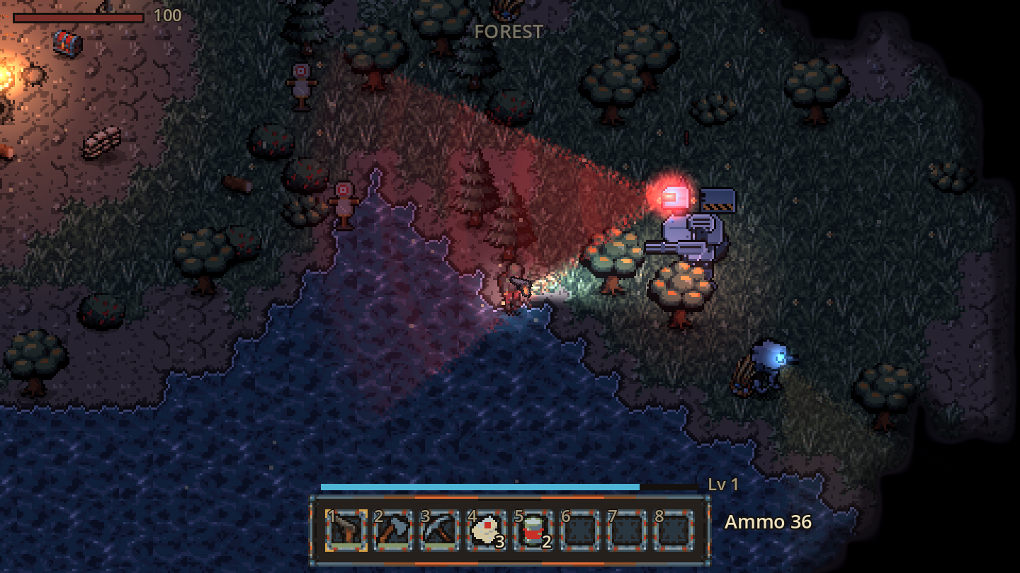 A heavy mech on alert: a red glowing sensor and a scan cone fanning out over the forest.