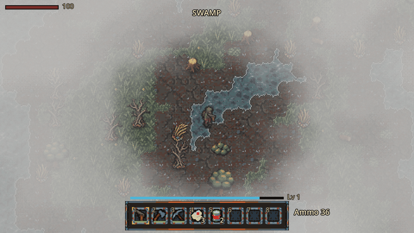 Swamp fog: clear around the player, fading into pale mist further out.