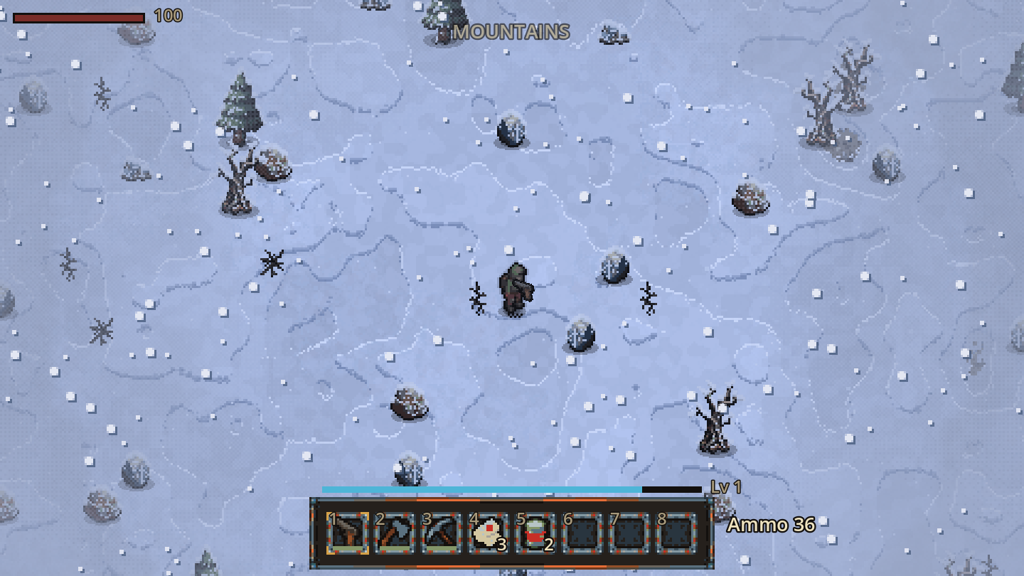 Mountain snow: falling flakes, snow lying on the ground, and snow-capped rocks.