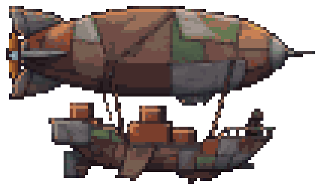 The finished airship sprite, enlarged 6x: one clean frame, isolated from the clip and finished in Aseprite.