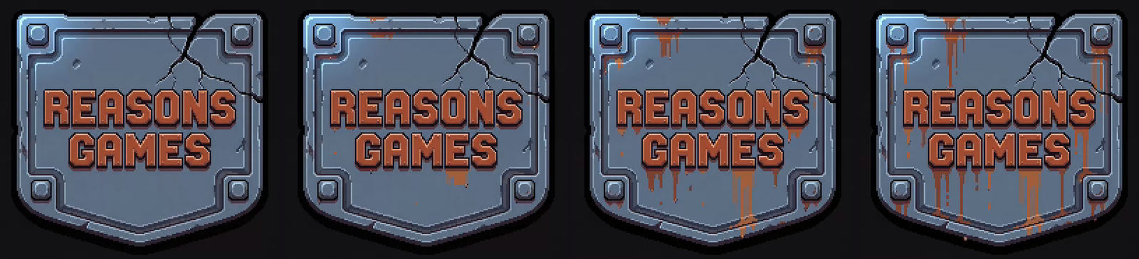 The rust spreading, left to right: clean, the first short drips at the top edge and under the letters, longer streaks, then long drips across the plate reaching toward its point.