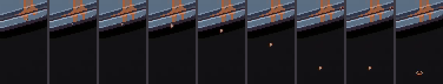 One drop, enlarged 4x: a bead swells at the end of the drip, lets go, falls through the dark, and lands as a tiny splat.