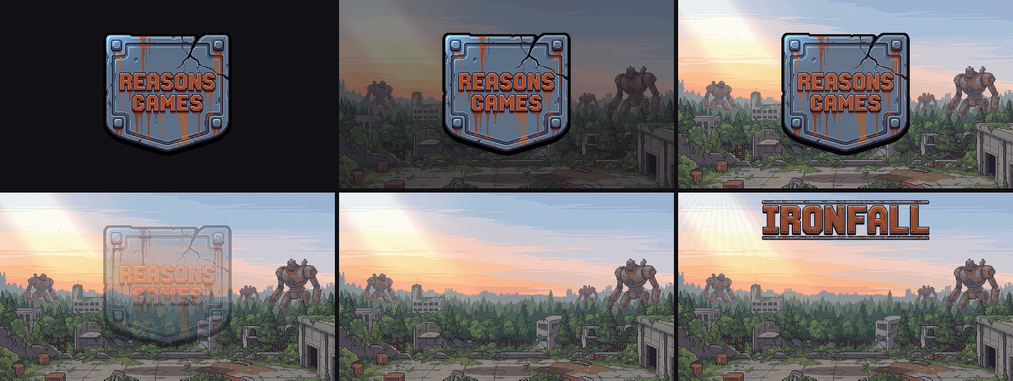The new handoff, left to right and top to bottom: the badge on the dark, the dark fading while the badge stays solid, the badge alone over the sunset, the badge fading, the clean scene, and the IRONFALL logo dropping in.