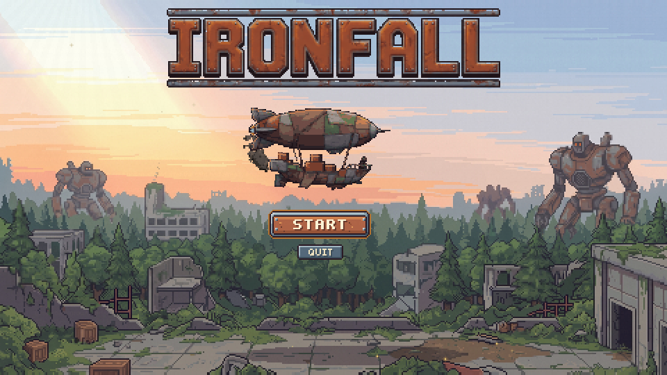 The title screen once it has settled, captured from the real game window: the airship hovering, START ready, and the background quietly moving.